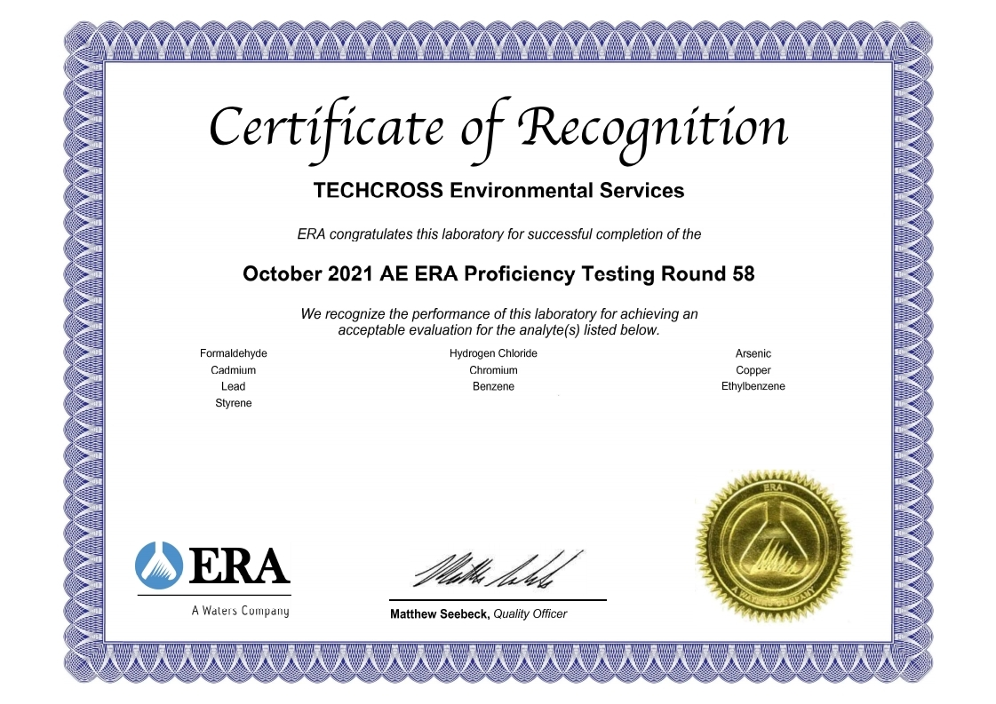 테크로스 환경서비스, 미국 환경자원협회(ERA) &lsquo;대기환경분야&rsquo; 인증 획득